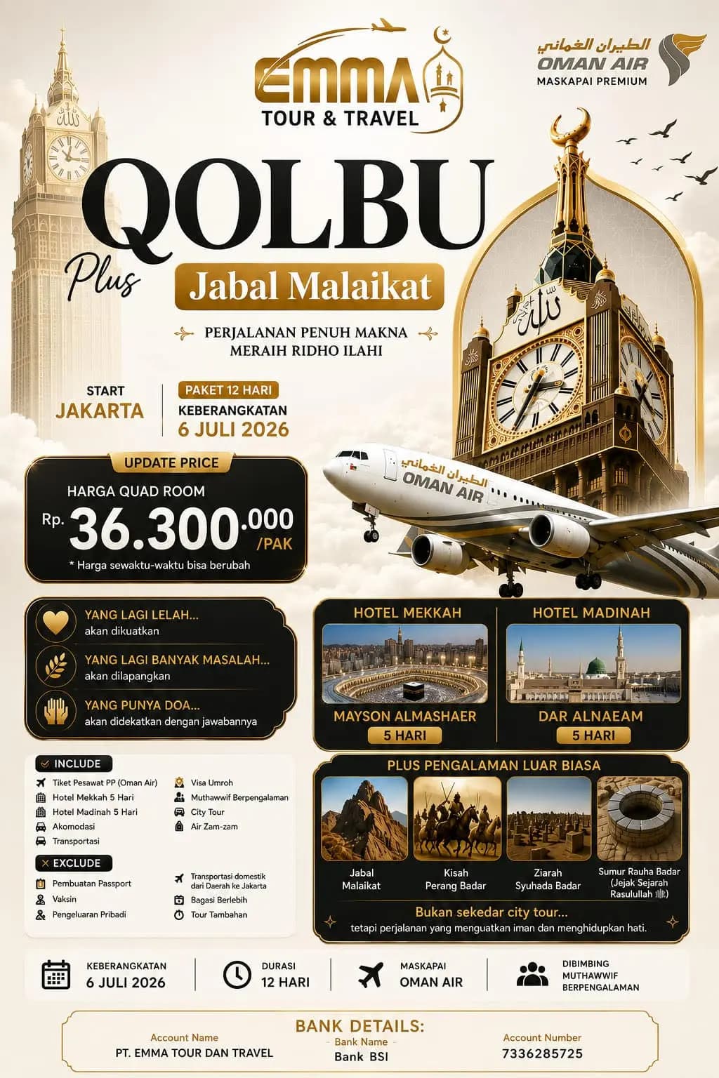 Umroh Qolbu Plus Jabal Malaikat 12 Hari – Oman Air Premium